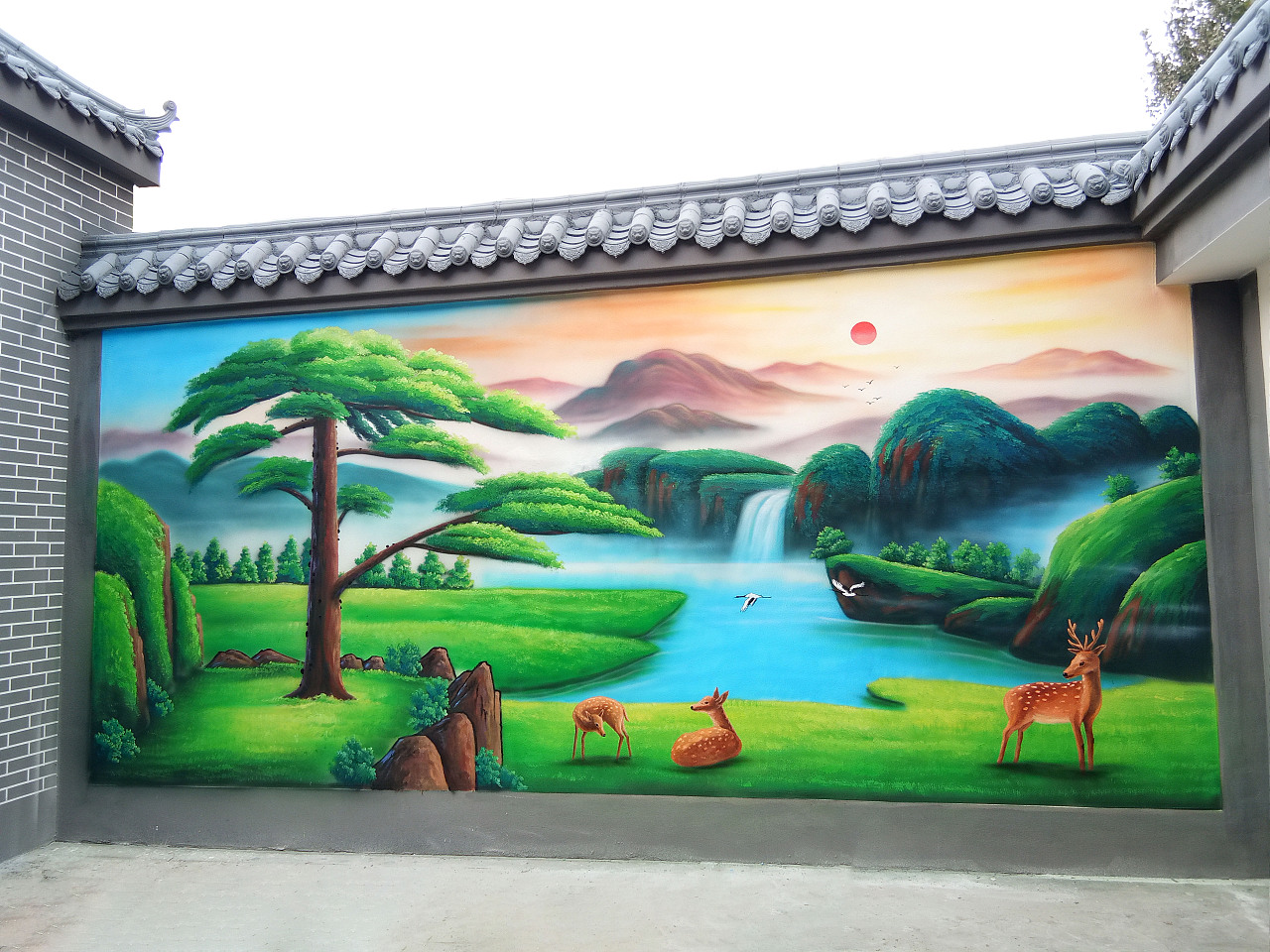 別墅墻繪油畫風景迎客松兒時記憶童趣