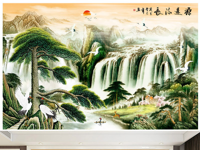 中式流水生財源遠(yuǎn)流長山水畫電視背景墻